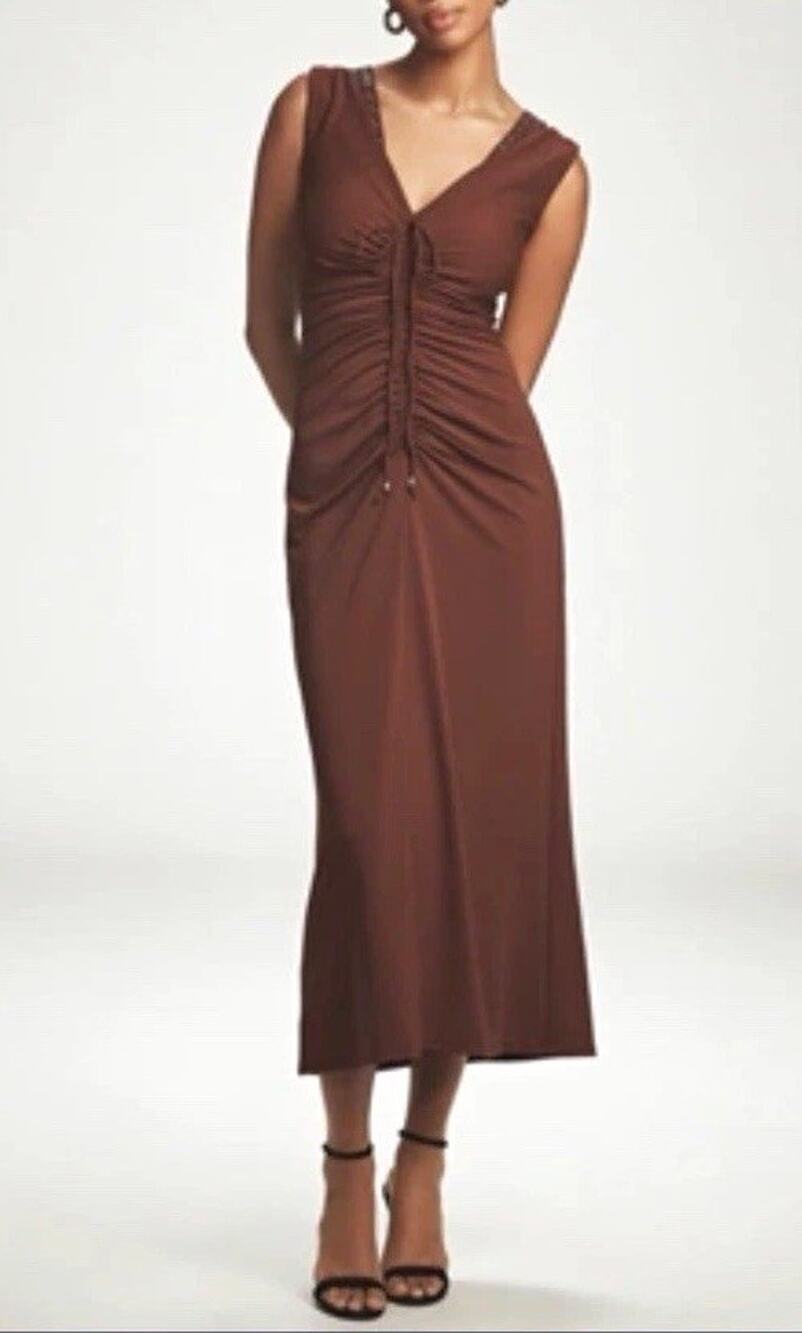Maeve Sleeveless V-Neck Studded Ruched Brown Midi Sheath Dress Size S